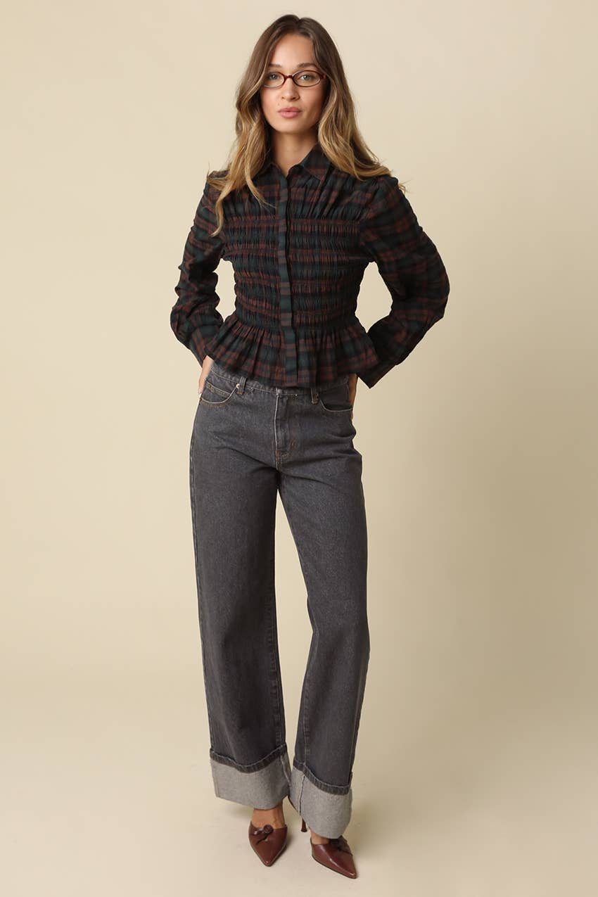 NILA SMOCKED PLAID BLOUSE