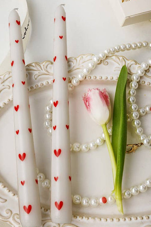 VALENTINE'S HEART TAPER CANDLES - WHITE /RED