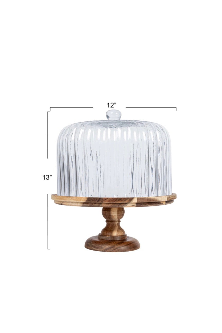 ACACIA WOOD PEDESTAL W/FLUTED GLASS CLOCHE