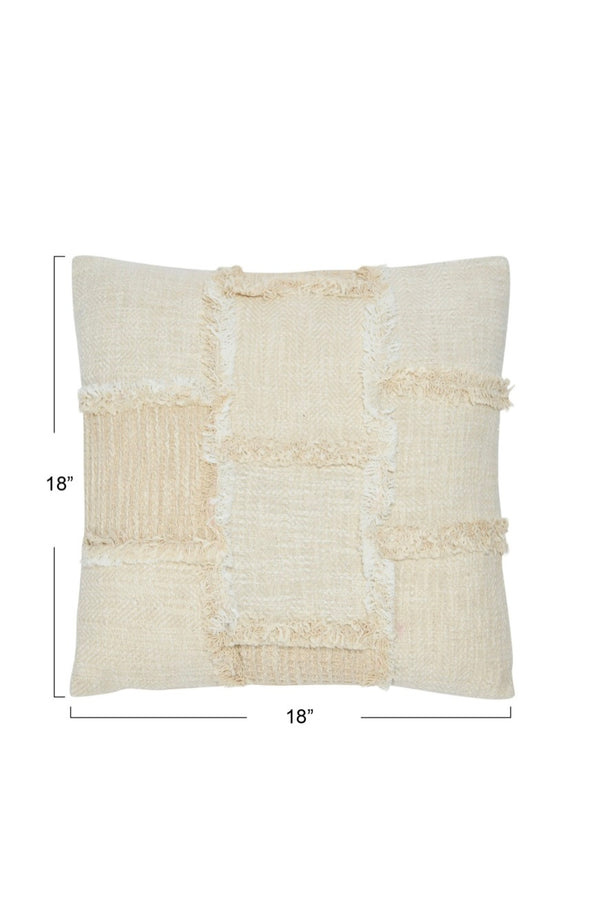 WOVEN COTTON & WOOL PATCHWORK PILLOW W/ FRAYED EDGES
