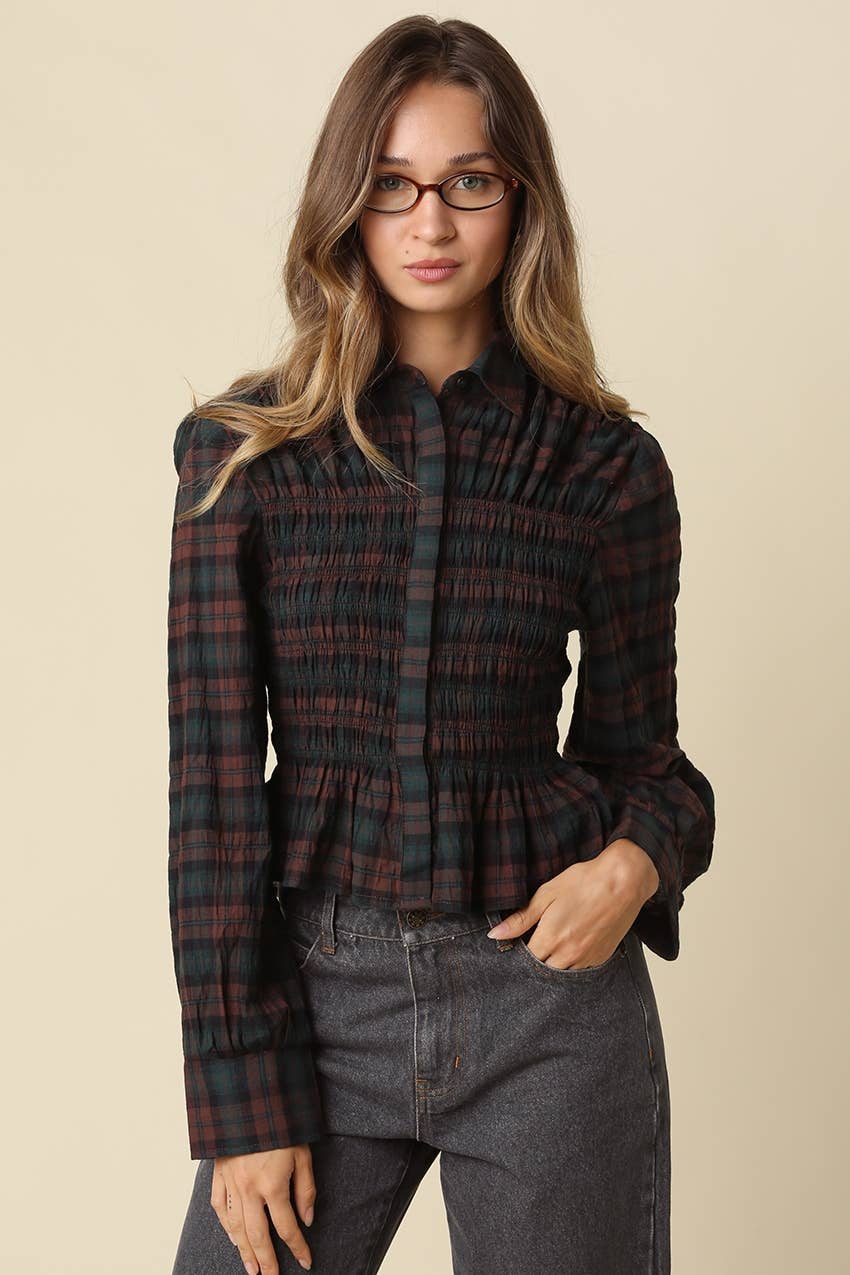 NILA SMOCKED PLAID BLOUSE