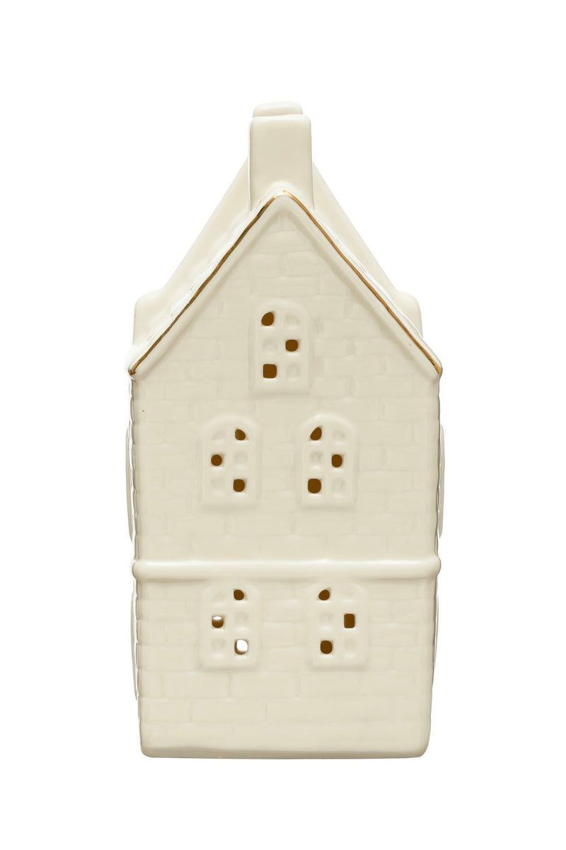 ASPEN STONEWARE HOUSE W LED LIGHTS & GOLD ELECTROPLATING