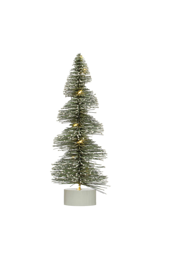 FAUX TREE W LED LIGHTS & WOOD BASE - GREEN & SNOW FINISH