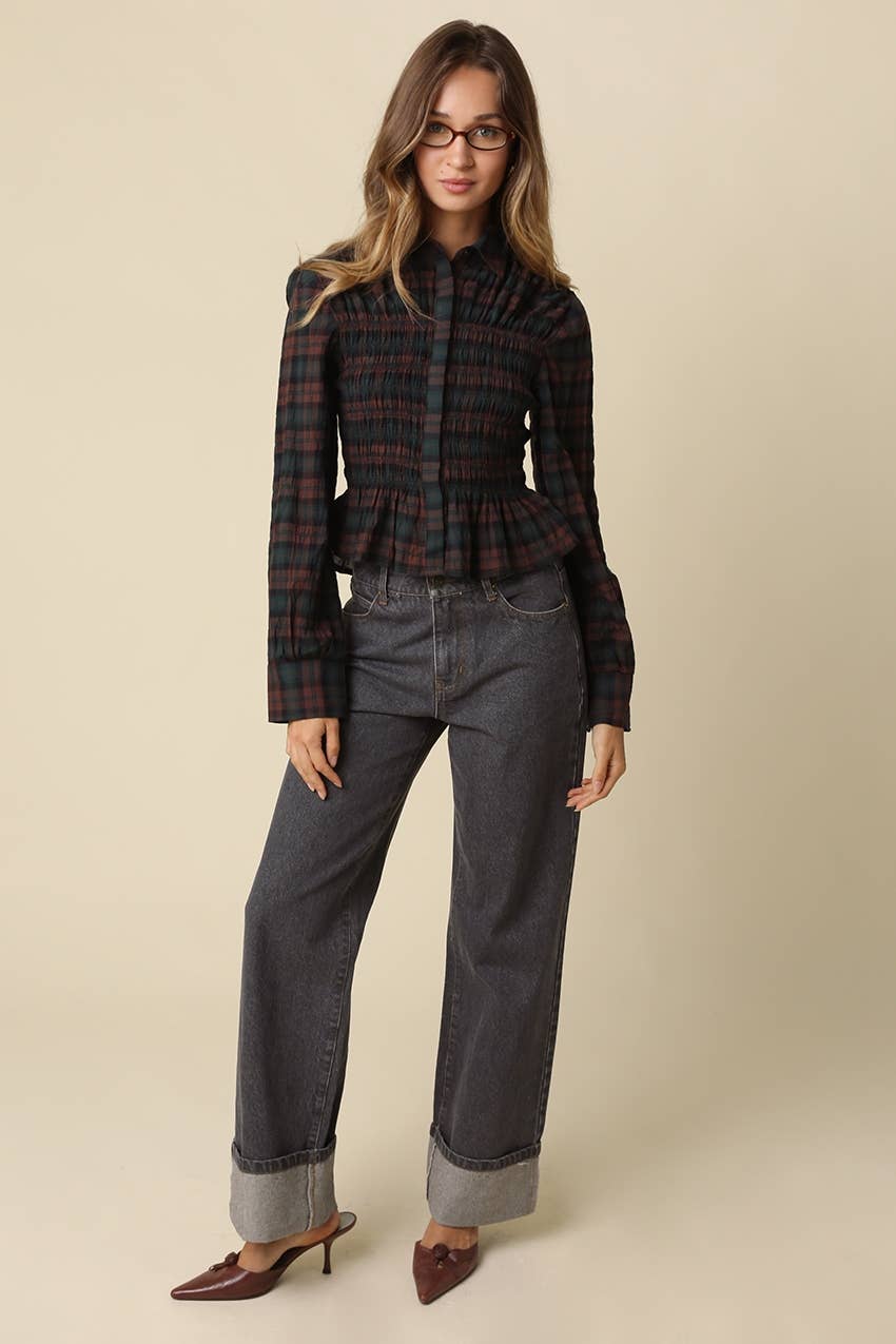 NILA SMOCKED PLAID BLOUSE