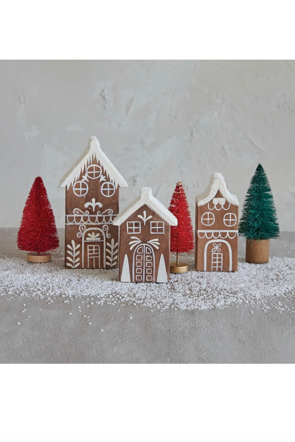 HAND PAINTED PINE WOOD HOUSES W/ FAUX SNOW