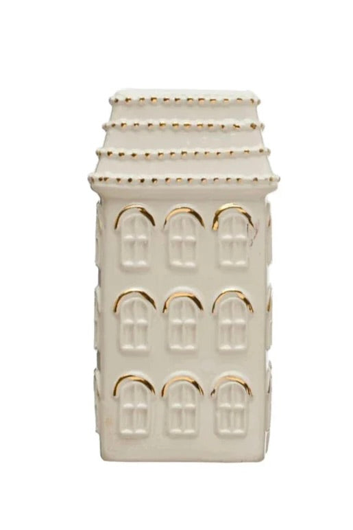 HAND-PAINTED STONEWARE HOUSE VASE W/ GOLD ELECTROPLATING