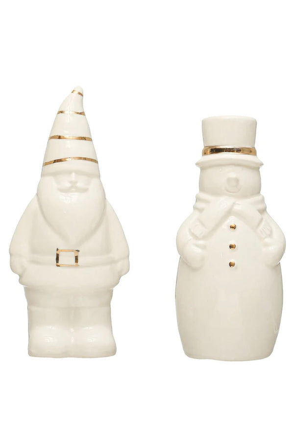 STONEWARE SANTA & SNOWMAN SALT & PEEPER SHAKERS W/ GOLD ELECTROPLATING