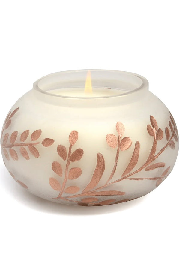 PADDYWAX - CYPRESS & FIR 9OZ FROSTED WHITE GLASS W/ COPPER METALLIC BRANCH ETCHING (STORE PICK-UP ONLY)