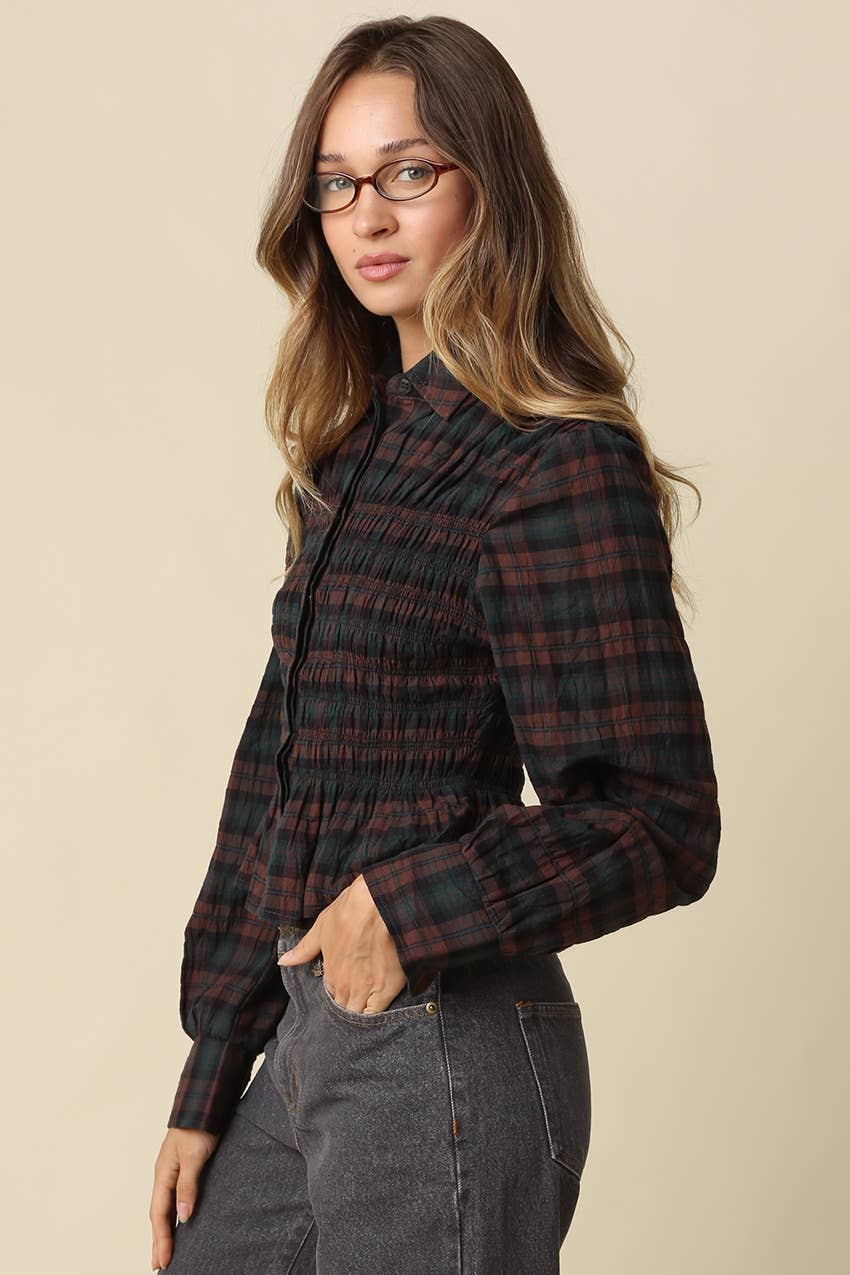 NILA SMOCKED PLAID BLOUSE