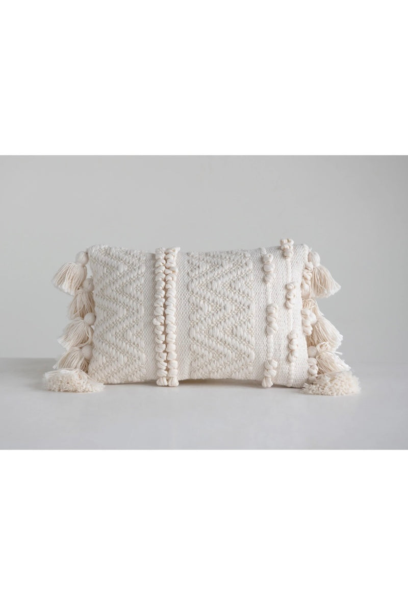 TEXTURED LUMBAR PILLOW W/ POM POM & TASSELS