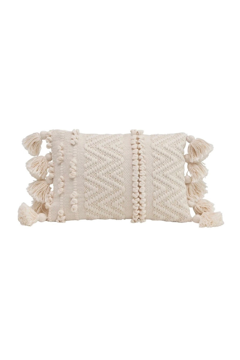 TEXTURED LUMBAR PILLOW W/ POM POM & TASSELS