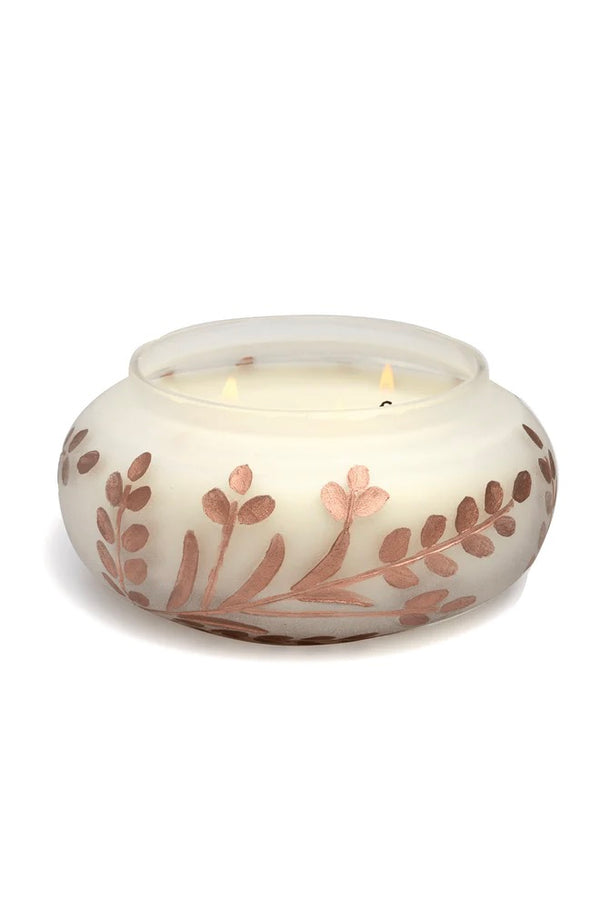 PADDYWAX - CYPRESS & FIR 140Z FROSTED WHITE GLASS W/ COPPER METALLIC BRANCH ETCHING (STORE PICK-UP ONLY)