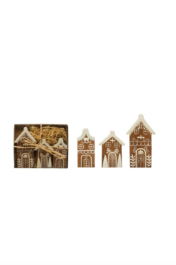 HAND PAINTED PINE WOOD HOUSES W/ FAUX SNOW