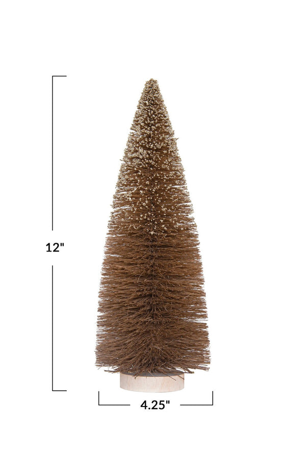 BROWN SISAL BOTTLE BRUSH TREE W/ GLITTER & WOOD BASE
