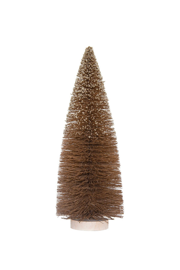 BROWN SISAL BOTTLE BRUSH TREE W/ GLITTER & WOOD BASE