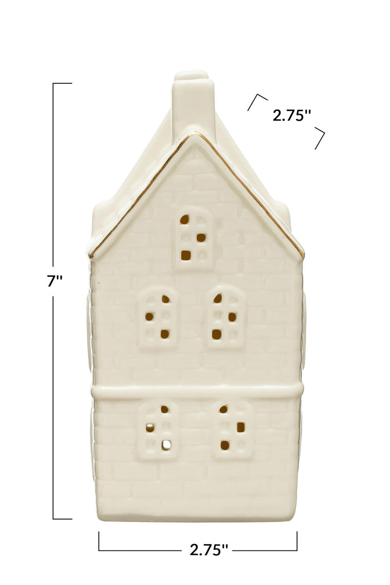 ASPEN STONEWARE HOUSE W LED LIGHTS & GOLD ELECTROPLATING