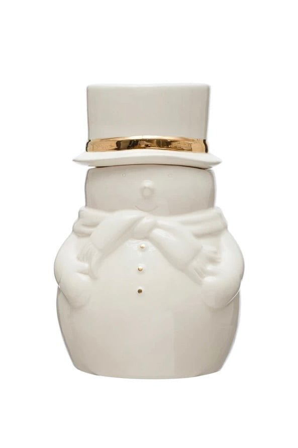 STONEWARE SNOWMAN COOKIE JAR W/ GOLD ELECTROPLATING