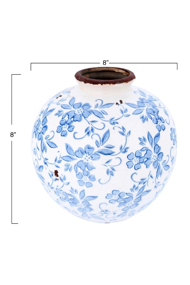 BLUE FLORAL TERRACOTTA VASE