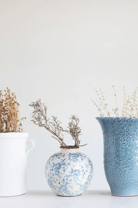 BLUE FLORAL TERRACOTTA VASE