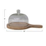 MANGO WOOD SERVING TRAY W/ GLASS CLOCHE & HANDLE