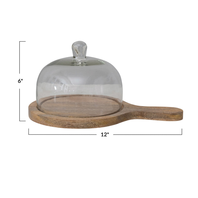 MANGO WOOD SERVING TRAY W/ GLASS CLOCHE & HANDLE