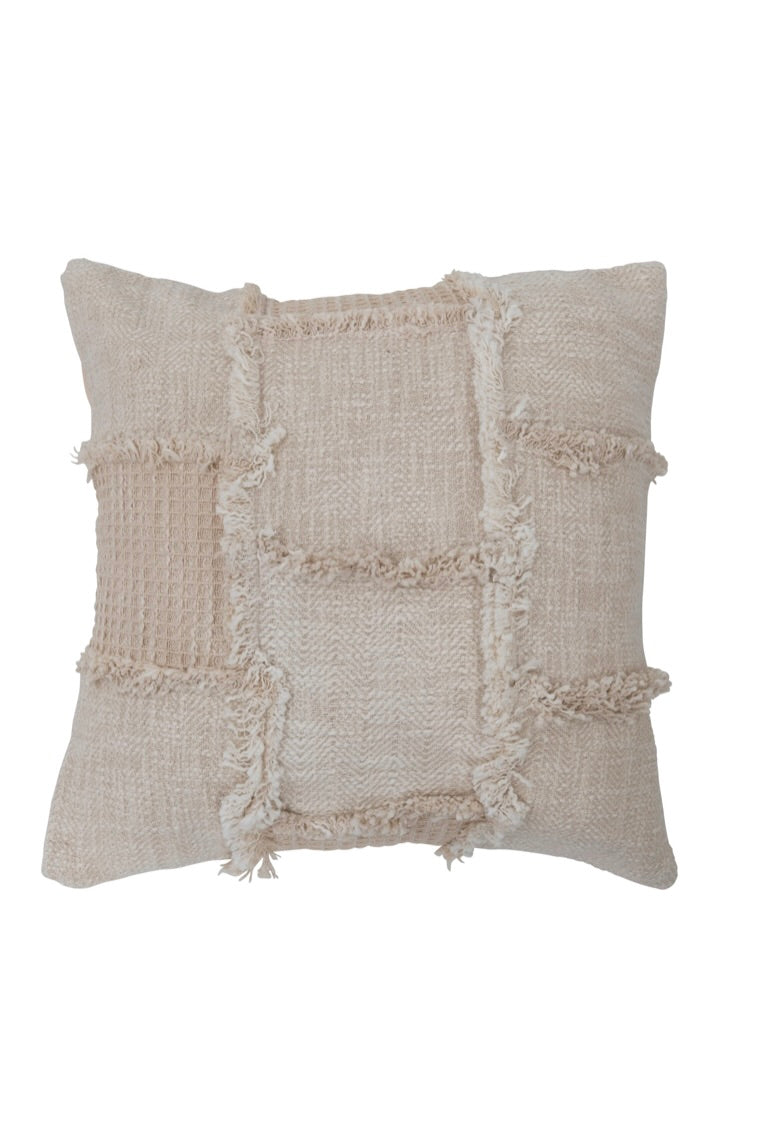 WOVEN COTTON & WOOL PATCHWORK PILLOW W/ FRAYED EDGES