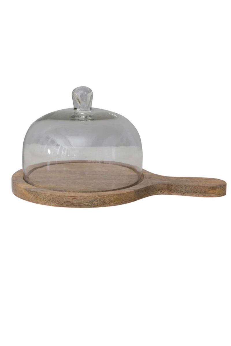 MANGO WOOD SERVING TRAY W/ GLASS CLOCHE & HANDLE